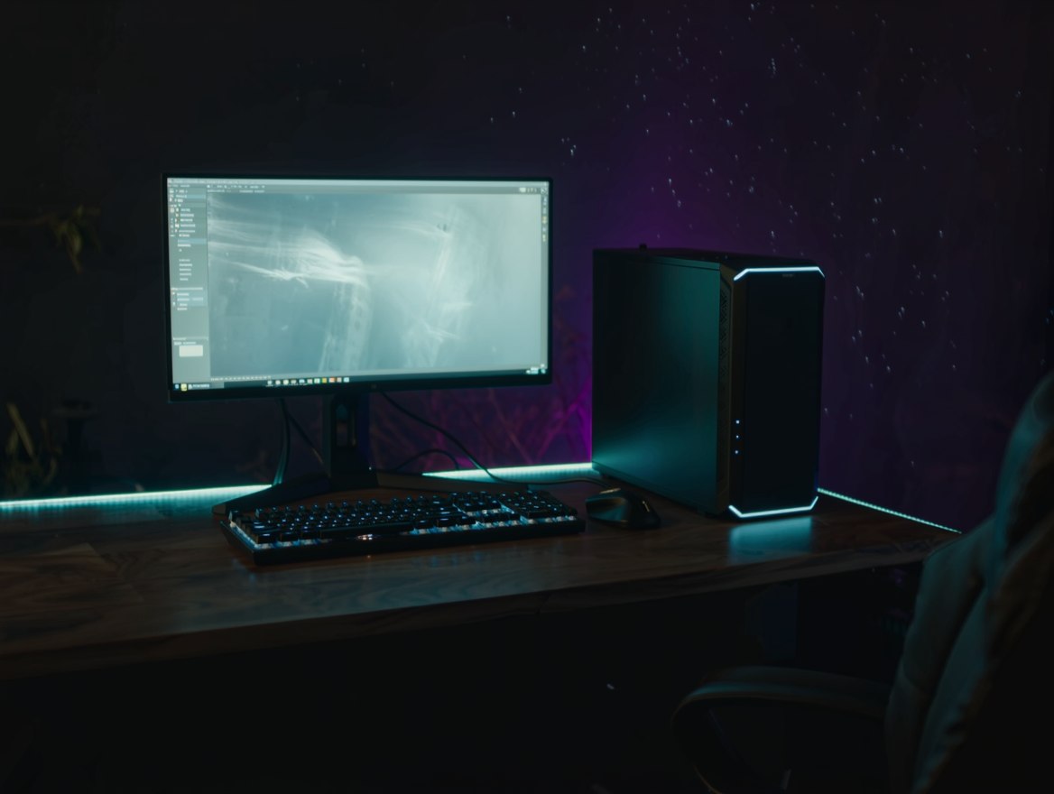Computador ligado trabalhando sozinho durante a madrugada