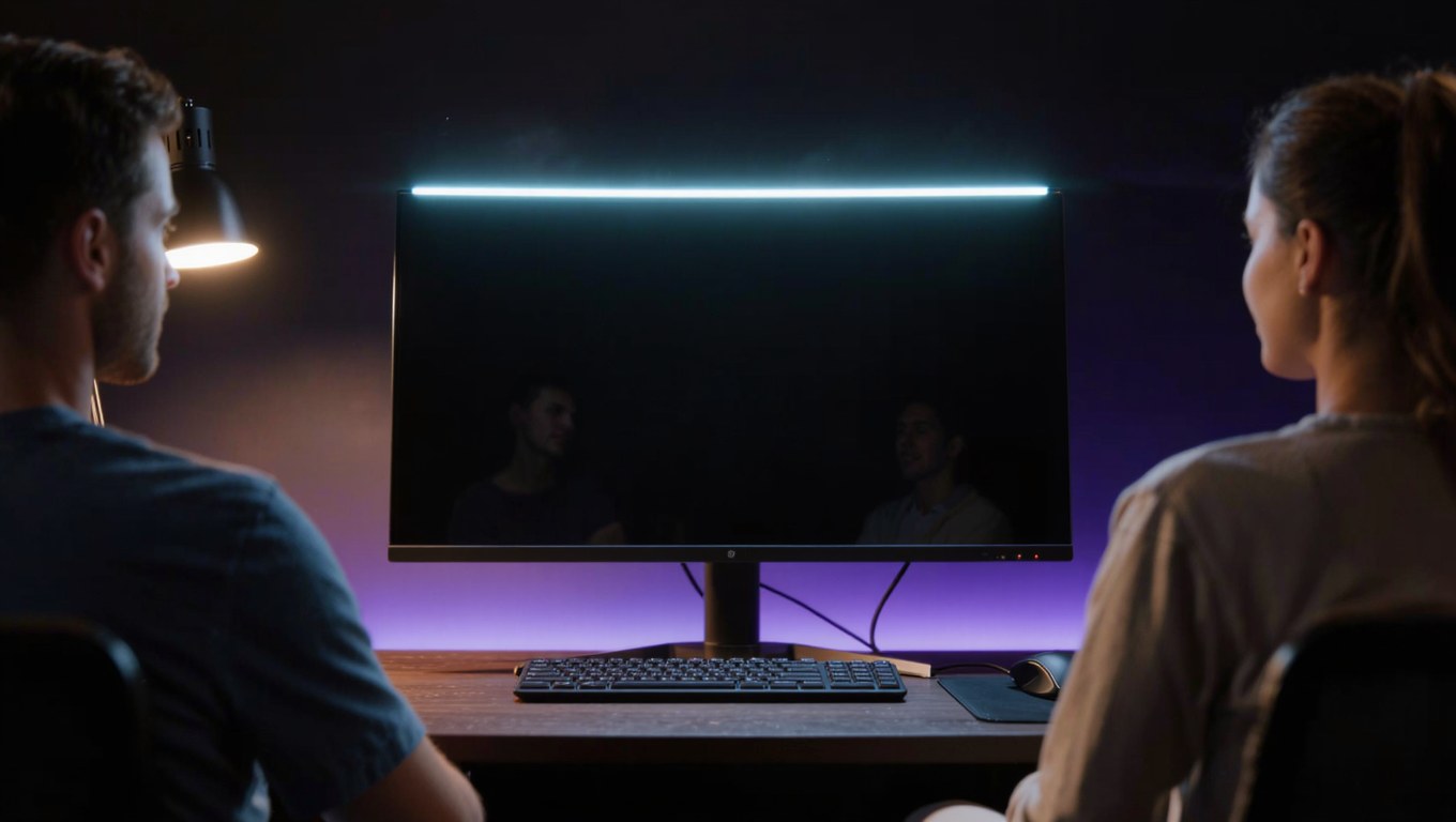 Casal de frente para a tela do computador assistindo à videoaula do treinamento