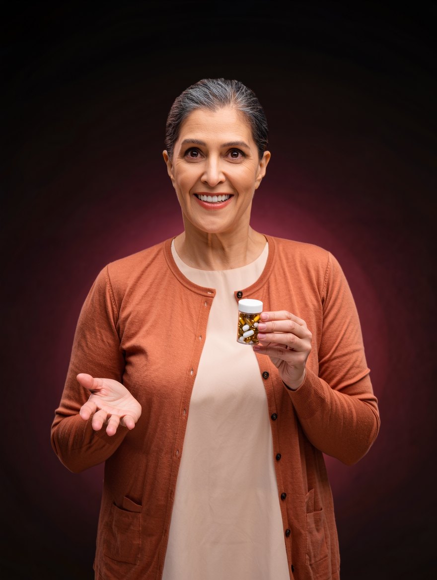 Avatar inteligente feminino de 50 anos apresentando um suplemento